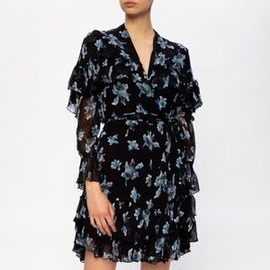 DVF Martina Long Sleeve Ruffle Wrap Dress Floral Orchid Rain Size XS